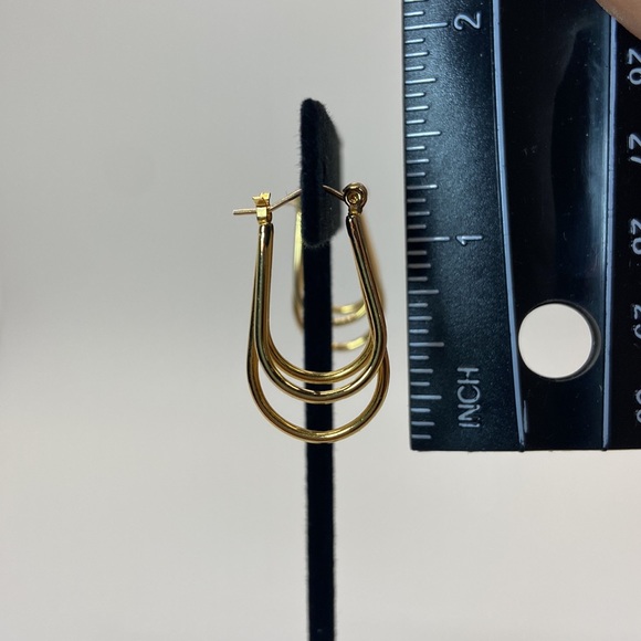 Gold Tone Triple Hoop Earrings. 1.25 inches Long & .5 inches wide. - Picture 5 of 6